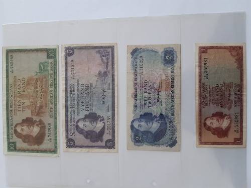 TW de Jongh Set of R1, R2, R5 and R10 South African Banknotes